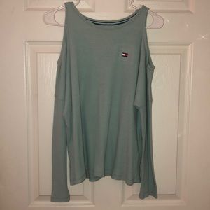 Tommy Hilfiger teal top,, cut off shoulder